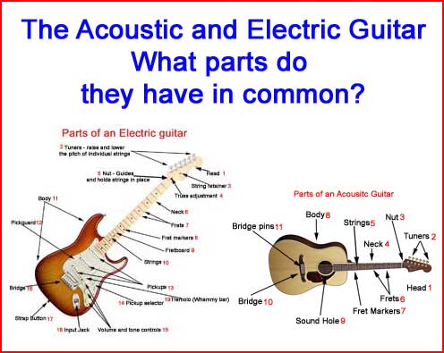 Parts of an electric and acoustic guitar